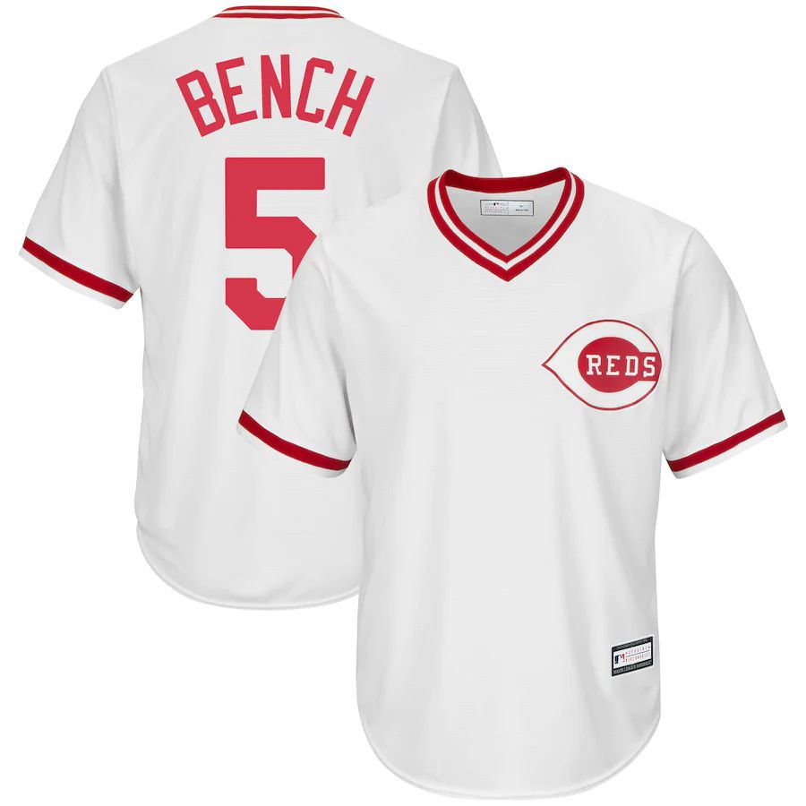 Cheap Mens Cincinnati Reds 5 Johnny Bench White Home Cooperstown Collection Replica Player MLB Jerseys